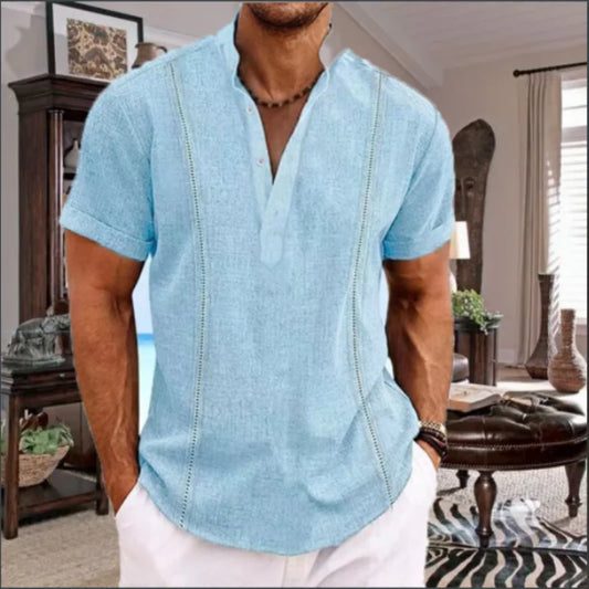 Men's Summer Lapel Casual Short Sleeve Henry Collar Solid Guayabella High Quality Fashion Cotton Linen Pullover Shirt Top