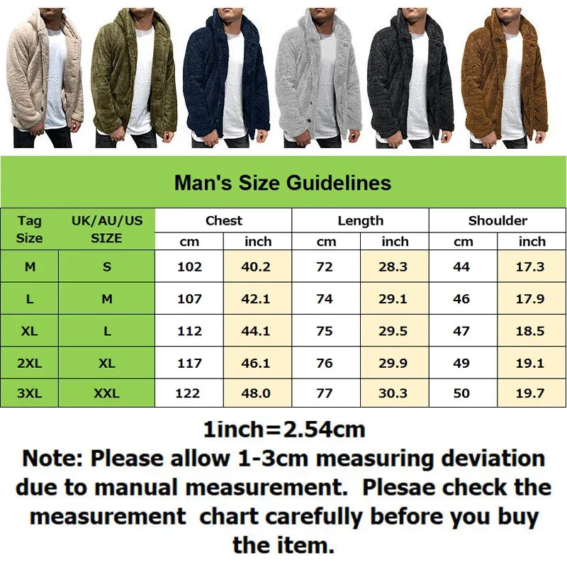 Men's Teddy Bear Fleece Coat Cardigan Winter Warm Hooded Coat Fashion Solid Color Long Sleeve Pocket Button Hooded Warm Coat