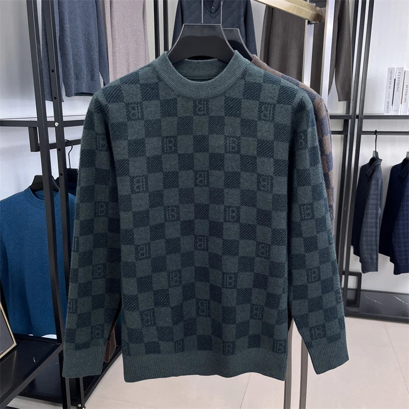 Luxury Quality Men's O-neck Wool Sweater 2024 Autumn/Winter New Printed Grid Thickened Fashion Warm Hoodie Knitwear Men's Wear