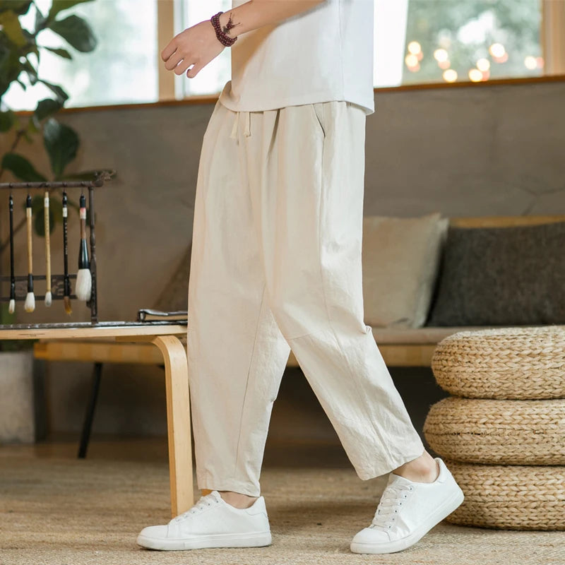 Men's Trousers Cotton Linen Fashion Casual Pants Solid Color Breathable Loose Shorts Straight Drawstring Pants Streetwear Men