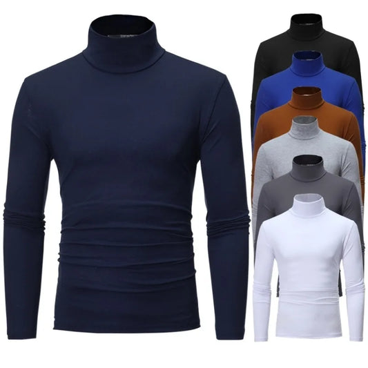 Fashion Men's Casual Slim Fit Basic Turtleneck High Collar Pullover Male Autumn Spring Thin Tops Basic Bottoming Plain T-shirt